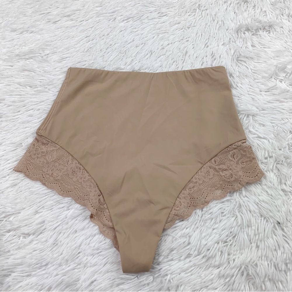 Natori high rise thong tummy shaping with skin soft lace for‎ dig free fit nude